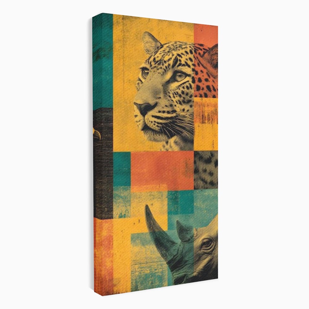 Tablou canvas cu tablou vertical cu leopard si rinocer, fara rama, pe sasiu de lemn